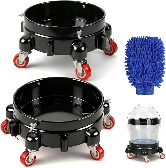 1 Pc 5 Gallon Bucket Dolly 11 Inch 1 Black Set | 1 car Washing Glove 5 Heavy Duty Wheel Casters 360°Rolling Connectable Locking Black Set for Car Wash Garden & Garage