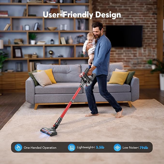 Comvtu Cordless Vacuum Cleaner for Home, 80,000PRM Powerful 4 in 1 Lightweight Stick Vacuum with 2 Adjustable Suctions, Max 40 Mins Runtime, 2600mAh Rechargeable Vacuum Cleaners (Hibiscus Red)