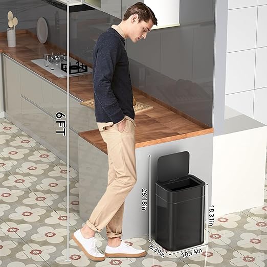 FRESHLIX Kitchen Trash Can Automatic Touchless with 360° Motion Sensor & Silent Close Lid 6 Gallon Stainless Steel Auto-Adsorption Smart Bathroom Garbage Cans with Pre-Cut Drawstring Bags