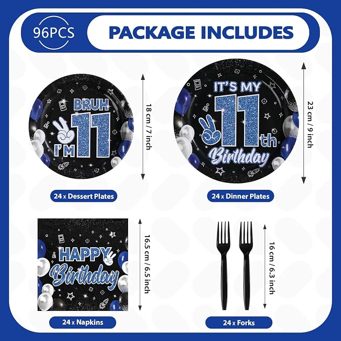 96 Pcs 11th Birthday Decorations for Boys Graduation Blue and Black Plates and Napkins Disposable Glitter It's My 11th Birthday Party Supplies for Boys Kids Teenager 11 Years Old Party Decor Serves 24