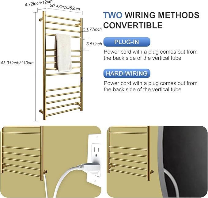 Gold Wall Mounted Heated Towel Rack,Gold Towel Warmers Rack for Bathroom, Timer & Temperature Control Electric Towel Drying Rack (14 Bars Brushed Gold A, Hardwired)