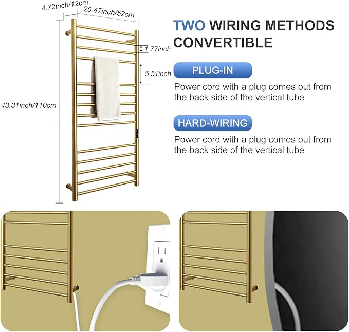 Gold Heated Towel Warmers for Bathroom, Wall Mounted Hot Towel Racks, Heated Towel Drying Rack with Timer & Temperature Multi-Level Adjustable (14 Bars Brushed Gold, Hardwired)