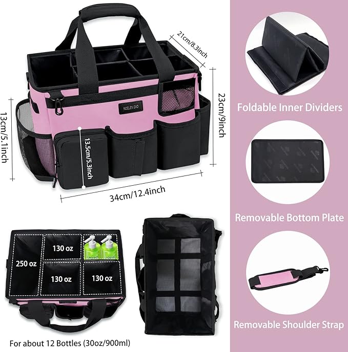 Wearable Cleaning Caddy Bag,Cleaning Supply Tote for Cleaning Supplies, Cleaning Organizer with Adjustable Shoulder and Waist Straps for Cleaners & Housekeepers (Pink, Large)