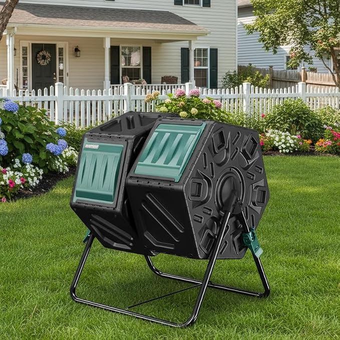 East Oak Dual Chamber Outdoor Compost Tumbler, 2×18.5 Gallon Compost Bin, Rotating Composter with Aeration & Locking System for Garden, Kitchen & Yard