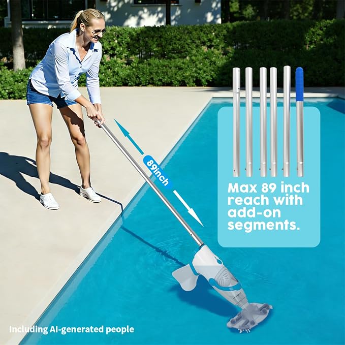Handheld Pool Vacuum Cleaner, Rechargeable Pool Bottom Cleaner with Strong Suction, 1 H Runtime, 89 inchs Extension Pole,for Above Ground/Inground Pools, Spas and Hot Tubs, White and Blue