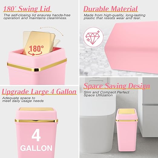 Bathroom Trash Can with Lid 4 Gallon Pink Trash Can Bedroom Trash Can Small Garbage Can with 150 Counts Trash Bags for Small Bathroom Bedroom Office