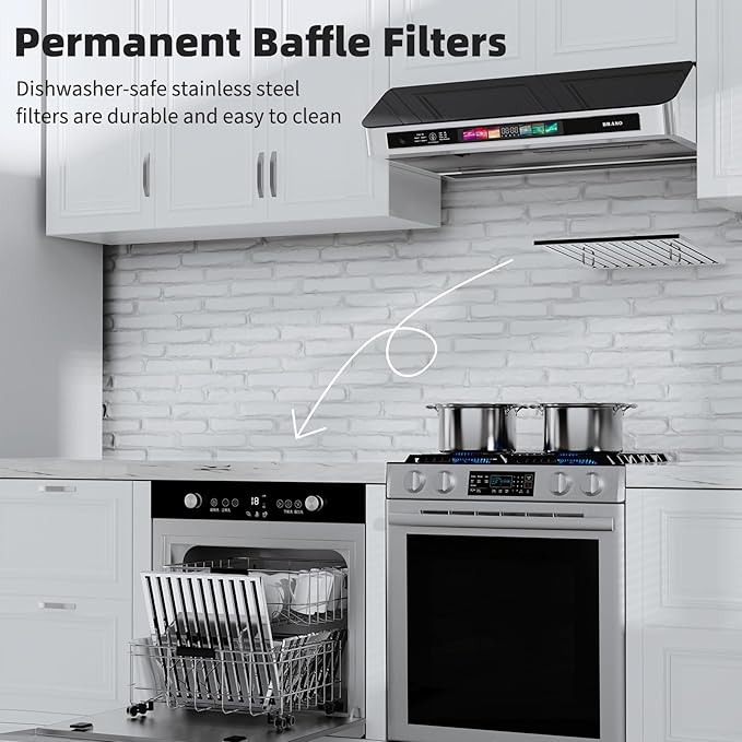 BRANO Under Cabinet Range Hood 30 Inch with Voice/Gesture/Touch Control, 900 CFM Kitchen Hood Vent with 4-Speed Exhaust Fan, Memory Mode, Adjustable Lights, Baffle Filters