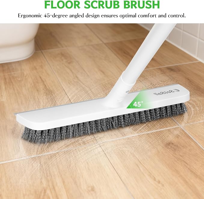 SetSail Floor Scrub Brush, Scrub Brush with Long Adjustable Handle 2 in 1 Scraper Brush Stiff Bristle Floor Scrubber for Cleaning Bathroom Shower Kitchen Garage Deck Tile Tub, Pure White