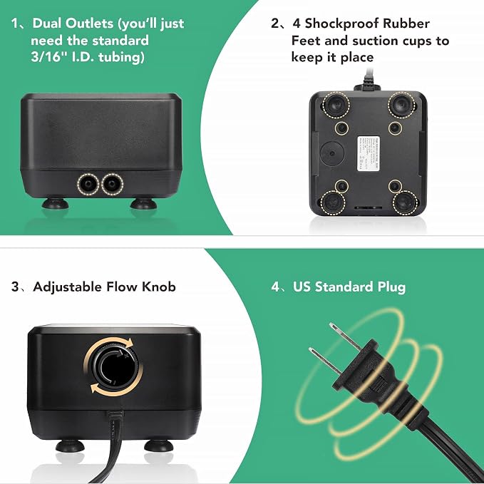 hygger 5W/10W Ultra Quiet Aquarium Air Pump, Adjustable Oxygen Aerator with Dual Outlets – 160 GPH/250 GPH for Fish Tanks up to 150 Gallons/600 Gallons
