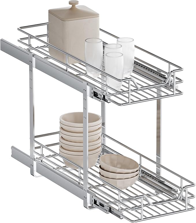 2-Tier Pull Out Cabinet Organizer, 9" W x 21.5" D, Heavy Duty Dual Slide Out Shelves for Narrow Base Cabinets, Chrome Wire Basket Drawer for Spices, Bottles & Snacks