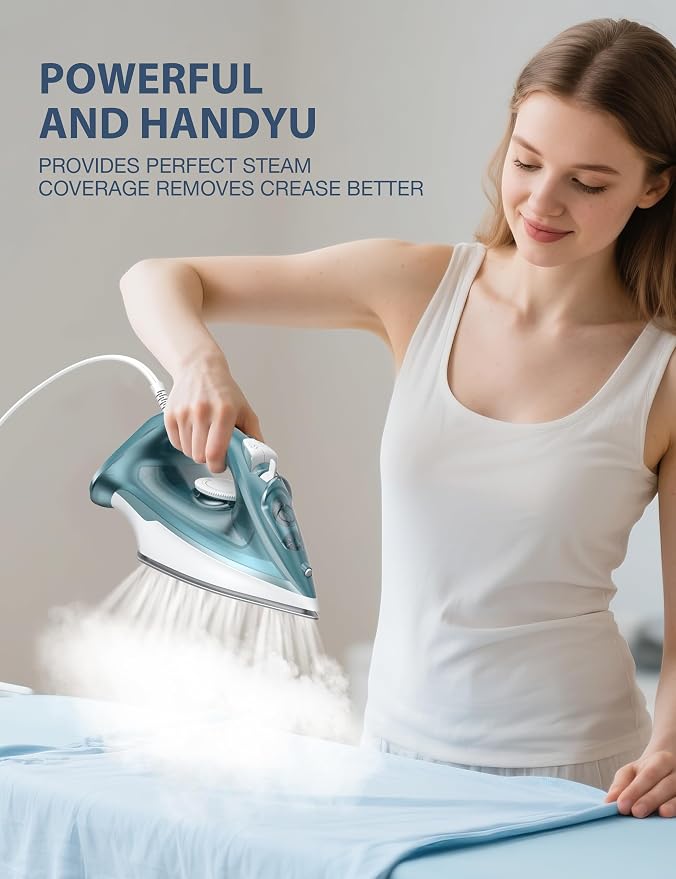 Sundu Steam Iron for Clothes with Rapid Heating Ceramic Coated Soleplate, 1500W with Precise Thermostat Dial, Self-Cleaning, Auto-Off, 44oz Water Tank for Home Clothes Ironing Use Green