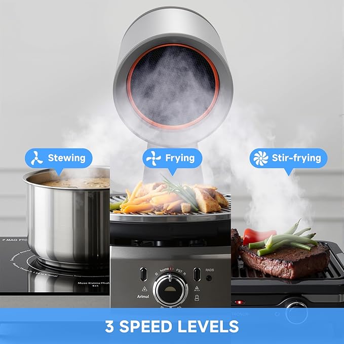 Portable Range Hood 3-Speed Suction Desktop Compact Range Hood with 3 Activated Carbon High-Absorption Cotton Replace Filter Low Noise Kitchen Exhaust Fan (grey)