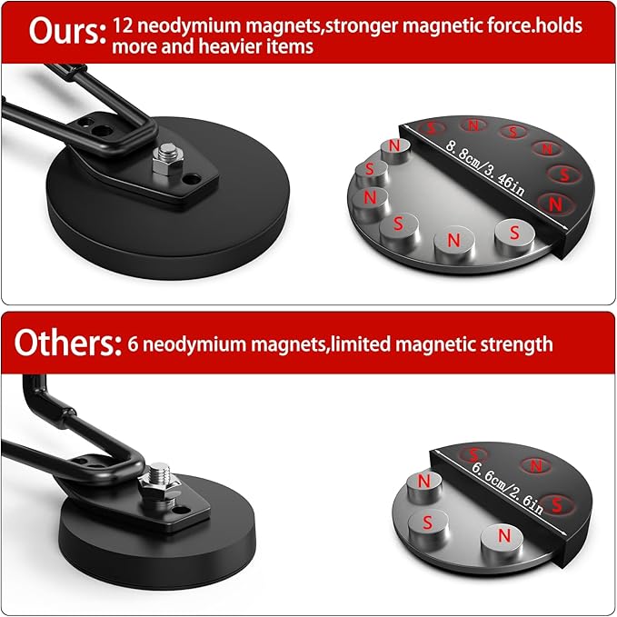 3-H Extra Strong Magnetic Hooks,Heavy Duty Large Anti-Slip Magnet Hooks Wave Shape,No-Drill Tool Holder for Garage,Power Drill,Garden Tools,Hose Storage,4 Pack Black