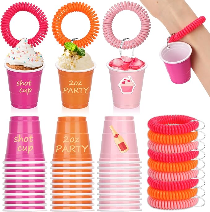 30 Pcs Pink and Orange Shot Cups with Wristband for Party 2oz Disposable Shot Glasses Bulk Plastic Mini Solo Cup with Bracelet for Tequila Sunrise Sunset Summer Bridal Bachelorette Party