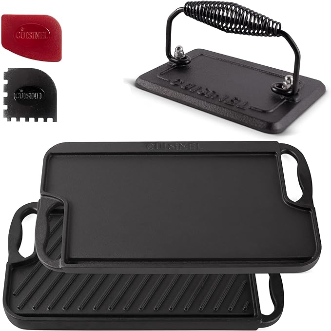 Cuisinel Cast Iron Griddle/Grill + Burger Press + Pan Scrapers - Reversible Pre-Seasoned 16.75" X 9.5"-inch Dual Handle Flat Skillet and Griller Pan + Cleaning Accessories - Indoor/Outdoor Stove Safe