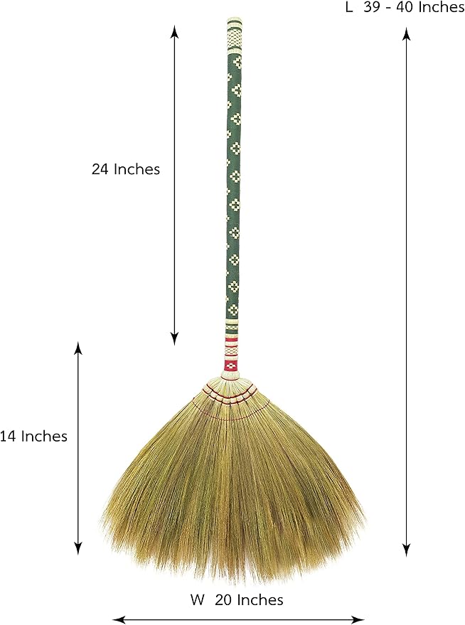 Natural Grass Thai Broom for Sweeping Vintage Retro, Handmade Broom,Witch Broom,Durable Broom for Indoor & Outdoor,Broomstick Bamboo Stick Long Handle (Turquoise)