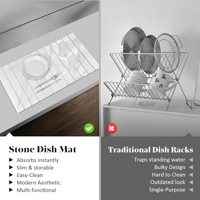 Large Stone Dish Drying Mats for Kitchen Counter, 28"(L)×16"(W) Marble-Pattern, Fast Drying Collapsible Dish Drying Mat, Eco-Friendly Absorbent Diatomaceous Earth Mats for Match Countertop