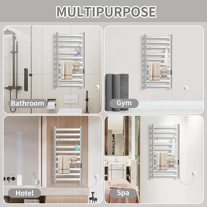 Heated Towel Rack for Bathroom, Towel Warmer with 10 Bar Flat Rack Large, Electric Hot Towel Rack Wall Mounted, LED Buit-in Timer, Plug-in, Stainless Steel, Fast Heating, Brushed Nickel