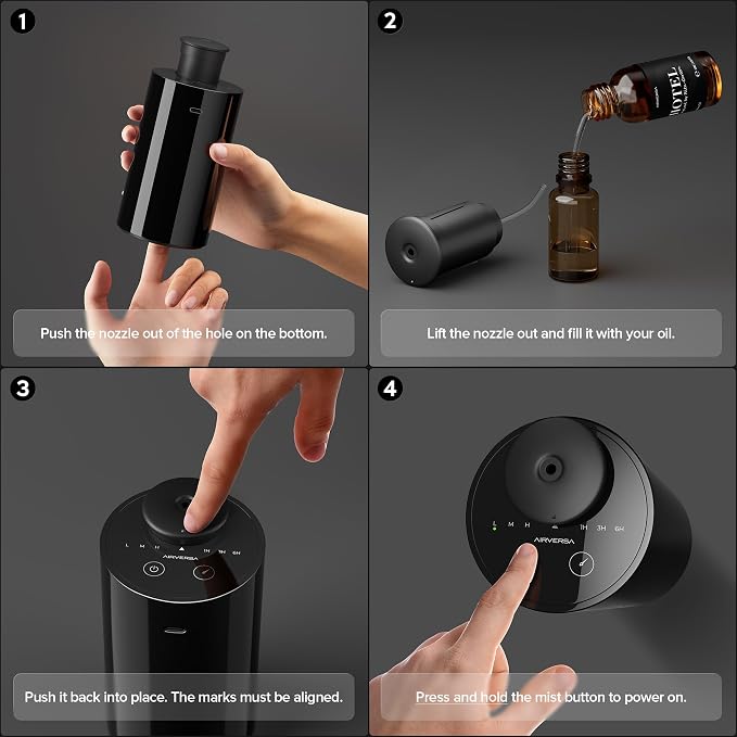 Airversa Waterless Diffuser for Essential Oil, Car Diffsuer, Battery Operated Nebulizer, 0.7 Fl Oz/ 20mL, Mini Scent Air Machine, 3 Timers & 3 Mist Levels for Home, Room, Office - AN6 Black 2 Pack