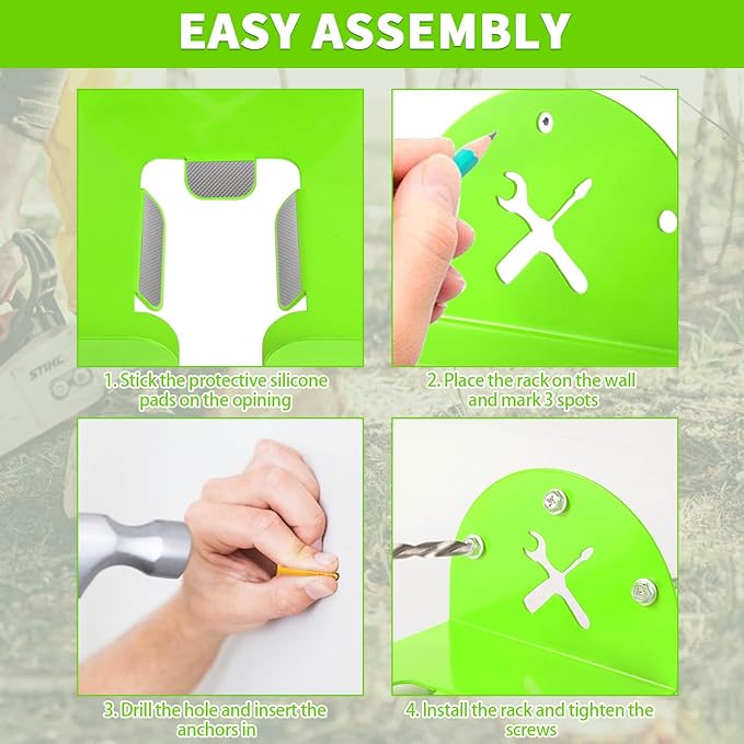Upgraded Trimmer Rack Wall Mount - 8" Heavy Duty Weed Eater Hanger for Garage Wall, Garden Power Tool Holder Organizer Hooks for Grass Trimmer, Hedge Trimmer, Leaf Blower and Chainsaw, Green, 1 Pack