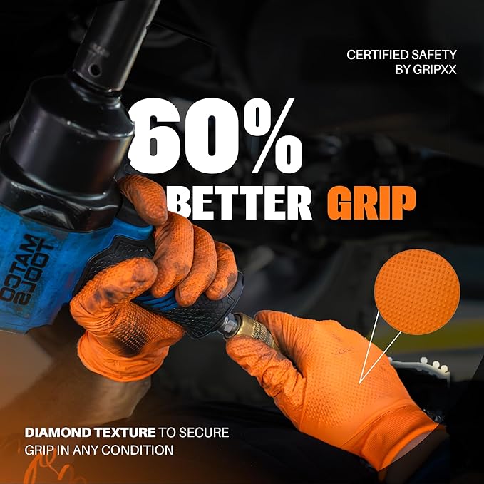 GRIPXX Herkules Grip Heavy Duty 8Mil Orange Nitrile Gloves,3D Raised Diamond Texture-Latex & Powder Free-Industrial, Mechanic (2, Medium)
