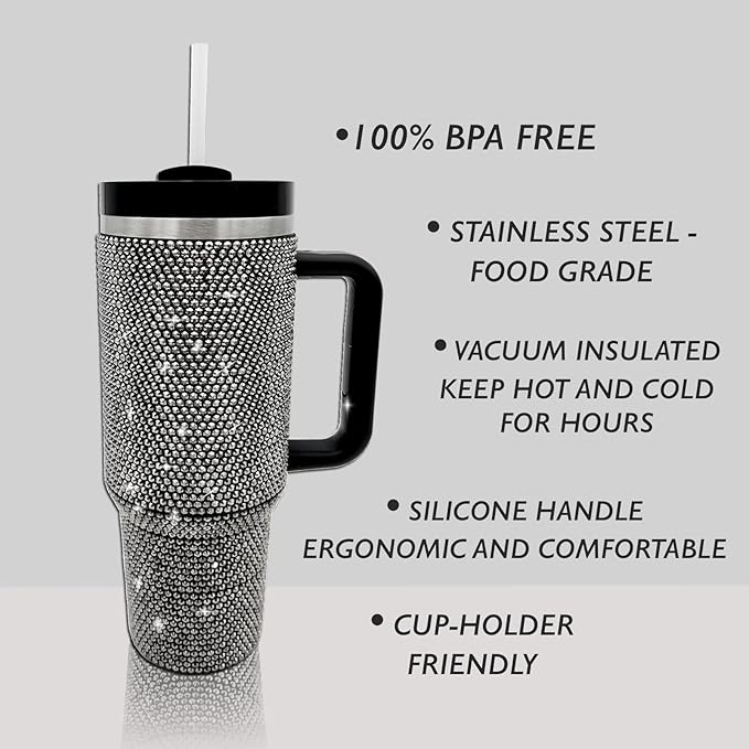 40oz Bling Tumbler with Handle and Straw Lid Rhinestone Studded Tumbler Cups Vacuum Insulated Stainless Steel Double Wall Water Bottle Travel Mug Gifts for Women Her (Black)