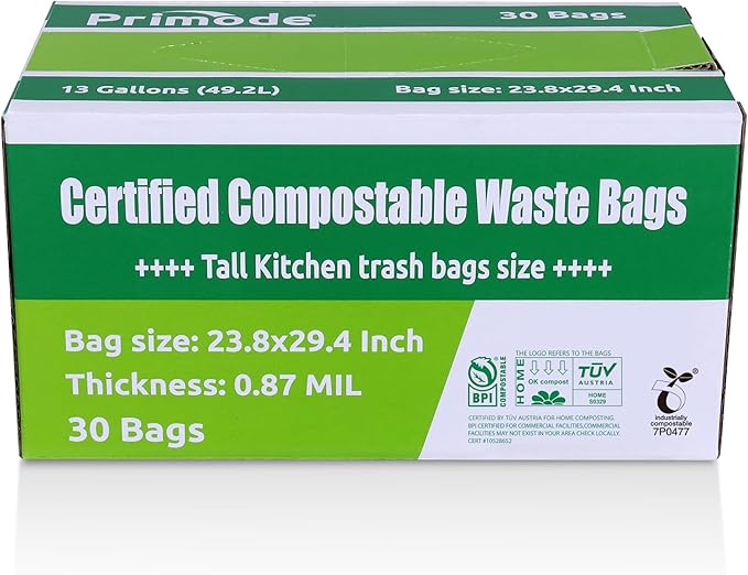Primode Compostable Trash Bags 13 Gallon | 30 Count Tall Kitchen Compost Bags, Food Waste Bags, Certified Compost Bags, Certified by BPI and by TÜV AUSTRIA, Extra Thick 0.87
