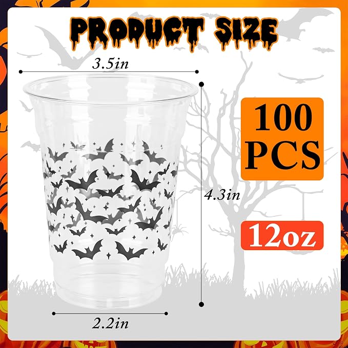 AimFun Halloween Bats Plastic Cups White Black Ghosts Disposable Party Cup Cute Spooky 12oz Clear Cups for Candy Beverage Snacks Birthday Baby Shower Party Supplies (100, Bats)