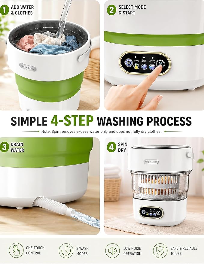 Portable Washing Machine 16L Foldable Mini Washer for Underwear Socks Baby Clothes Small Loads Compact Washer for Apartment Dorm RV Travel (Green)
