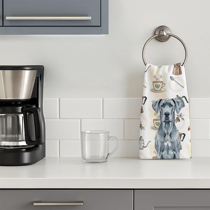 Caroline's Treasures Blue Great Dane Coffee Bar Kitchen Towel Velour Plush Front and Cotton Loop Back Machine Washable