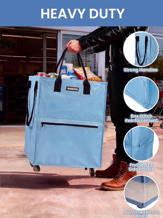 WORKPRO Medium Rolling Grocery Bag, 18-Gallon Tote with 4 Wheels, 75 lbs Capacity, Dual Carry, Wide Zipper & Extra Storage for Shopping, Laundry & Moving