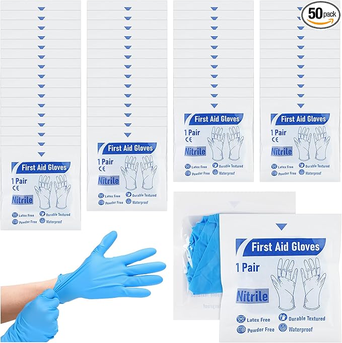 Chicingyou 50 Pairs Disposable Emergency Glove Individually Packaged Travel Gloves Travel Trauma Essential Nitrile Glove (Blue)