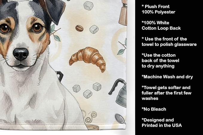 Caroline's Treasures White and Black Jack Russell Terrier Coffee Bar Kitchen Towel Velour Plush Front and Cotton Loop Back Machine Washable