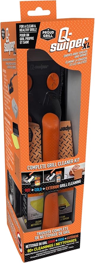 Proud Grill Q-Swiper XL Complete Grill Cleaning Kit - Long Bristle & Wire-Free Brush, Steam-Clean Cloths, Moist Wipes, Exterior Reusable Cloth & Plastic Tray, Grease & Grime Remover, BBQ Accessories