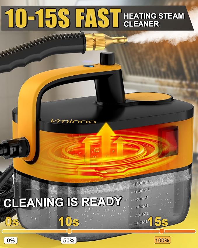 Heavy Duty Steam Cleaner for Home, Fast Heating & 1.2L Tank Handheld Steam Cleaner, 6-Level Adjustable Pressurized Steamer for Cleaning with 11 Accessories for Car, Grout, Tile, Floor and More(Yellow)