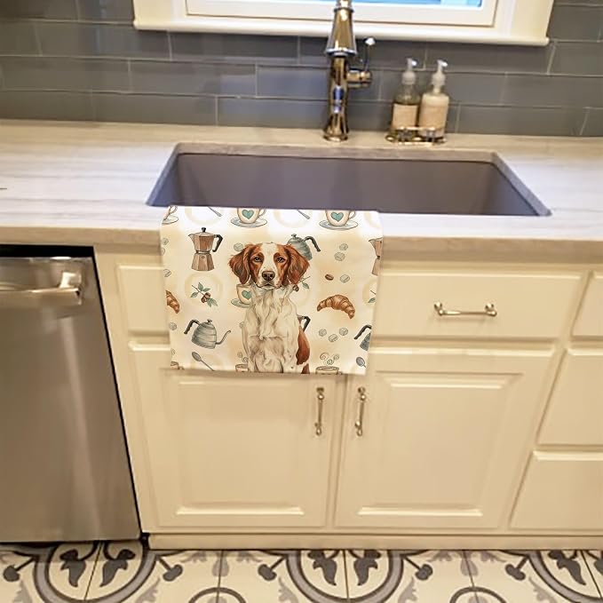 Caroline's Treasures Liver and White Brittany Coffee Bar Kitchen Towel Velour Plush Front and Cotton Loop Back Machine Washable