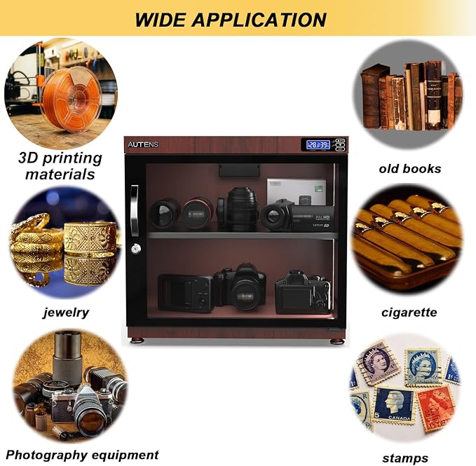80L Dehumidifying Dry Cabinet Box, Wood grain Design Digital Control Noiseless and Energy Saving, for Camera Lens and Electronic Equipment Storage,Temperature Humidity LED Dual Screen