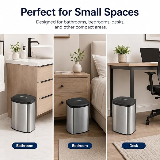 DZT-8-1 8L Stainless Steel Smart Trash Can with Motion Sensor | Touchless Auto-Open Lid | Compact Countertop Waste Bin for Bathroom, Kitchen & Office | Quiet Soft-Close | Battery Powered