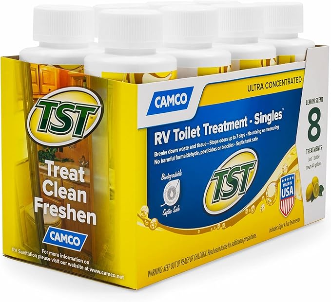 Camco TST MAX RV Toilet Treatment - Formaldehyde Free - Breaks Down Waste And Tissue - Septic Tank Safe - Treats up to 8-40 Gallon Holding Tanks -Lemon Scent, (8) 4 oz Bottles (41571)