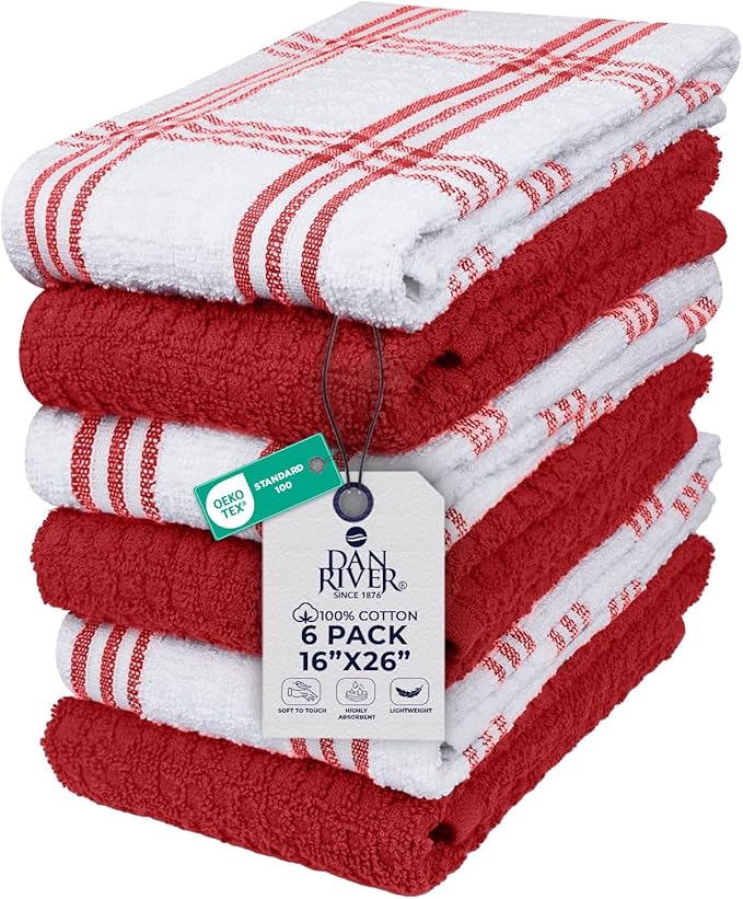 DAN RIVER Premium Red Kitchen Towels - [Pack of 6] 100% Cotton (16x 26 Inches) -Super Soft, Highly Absorbent Hand Towels, Quick Dry, Dish Towels, Tea and Bar Towels Set
