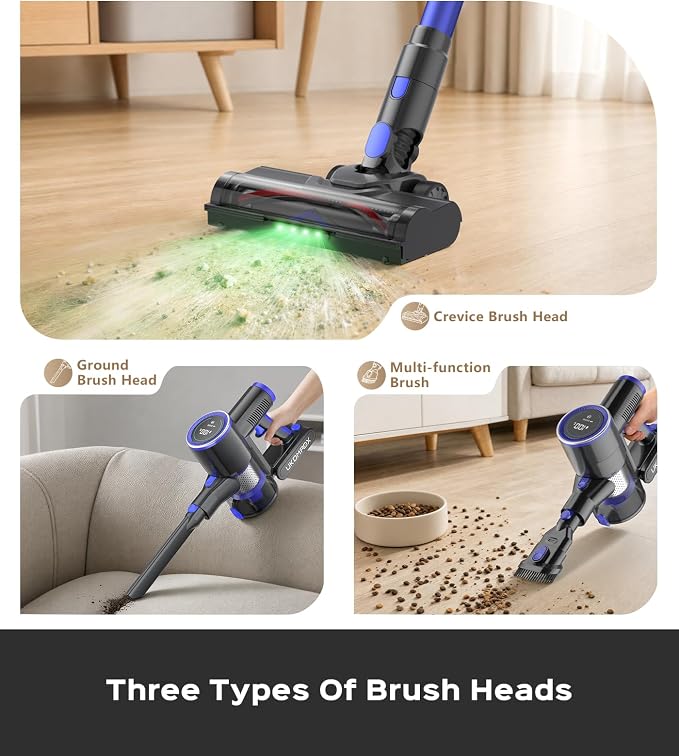 Cordless Vacuum Cleaner, 550W 50KPa 45Mins Vacuum Cleaners for Home, Self-Standing Stick Vacuum with Anti-Tangle Brush & LED Display for Hardwood Floors, Carpet, Pet Hair, Car