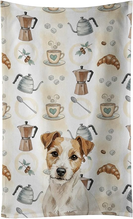 Caroline's Treasures White with Tan Markings Russell Terrier Coffee Bar Kitchen Towel Velour Plush Front and Cotton Loop Back Machine Washable