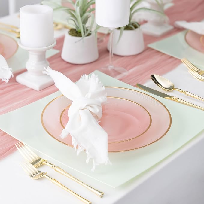PLASTICPRO 128 Pieces Crystal Design Plastic Plates Combo Pack 7 inch and 10 inch Gold Rim Elegant Disposable Plates, Transparent Pink