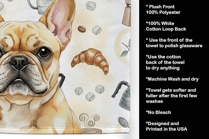 Caroline's Treasures Fawn French Bulldog Coffee Bar Kitchen Towel Velour Plush Front and Cotton Loop Back Machine Washable