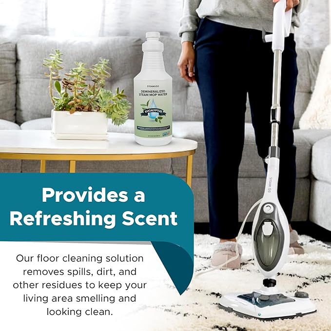 Steam & Go - Demineralized Water for Steam Cleaner, PVC-Free Floor Cleaner Liquid Compatible with Any Steam Mop, Ready-to-Use Multisurface Cleaner, Scented Mop Solution, Eucalyptus Mint, 32 oz