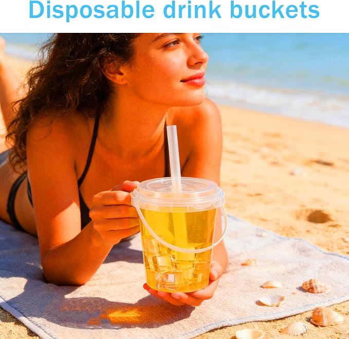 50 Sets Clear Plastic Drink Buckets with Lids Straws and Handles 34 oz Disposable Ice Cream Cups Cocktail Drinking Buckets for Outdoor Holiday Travel Beach Birthday Party Supplies