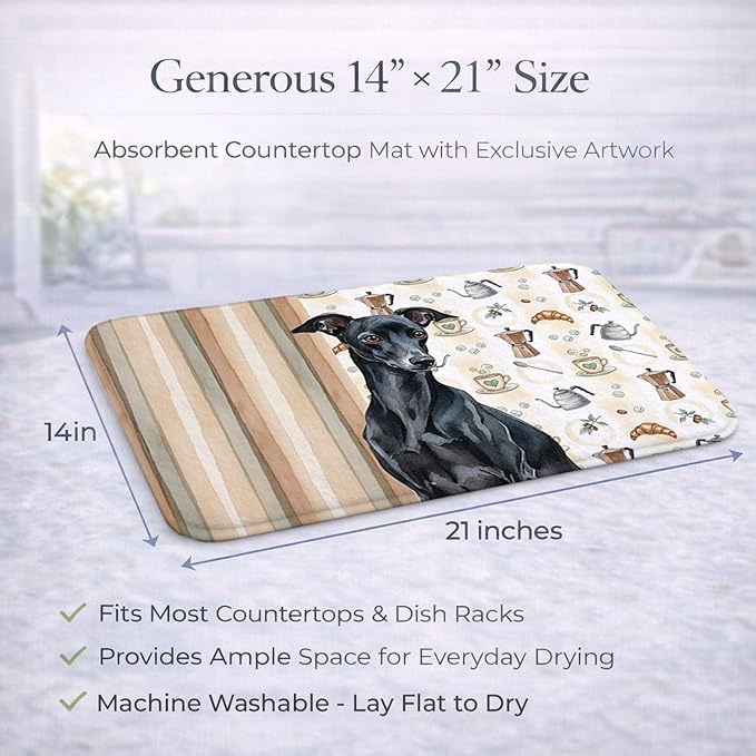 Caroline's Treasures Black Italian Greyhound Coffee Bar Dish Drying Mat Absorbent Dish Drying Mat Pad for Kitchen Counter Dish Drainer Mat for Countertop, 14 x 21", Multicolor