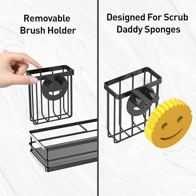 Moforoco Kitchen Dish Soap Dispenser Set, 16OZ Glass Bottle, Hand and Dish Soap Dispenser Set, Instant Dry Tray, Brush Holder with Smiley Face Sponge Holder (Black Tray+Clear Bottle)