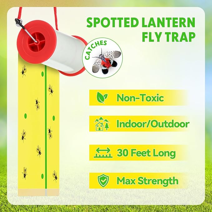 10 Rolls Fly Strips Tape 30 ft Each Fly Paper Traps Indoor Outdoor Sticky Hanging Spotted Lanternfly Tree Tape for Fruitfly Plant Barn Stable(Fluorescent Yellow,Green Lines)