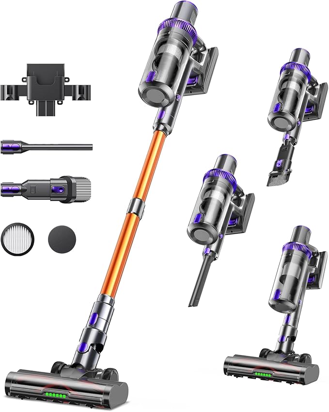 Cordless Vacuum Cleaner, 600W 55KPA 60Mins Vacuum Cleaners for Home,Anti-tangle Wireless Vacumm,Rechargeable Vacuum With Green Light,Powerful Stick Vacuum for Carpet/Hardwood Floors,Pet Hair,Purple